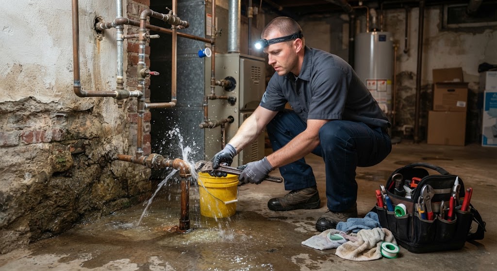 Water spraying from a burst copper pipe during a water leak emergency Mount Laurel NJ