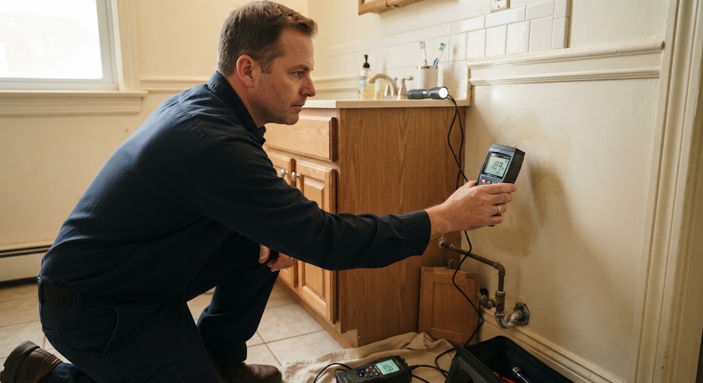 Using a moisture meter to find a hidden water leak behind a wall in Mount Laurel