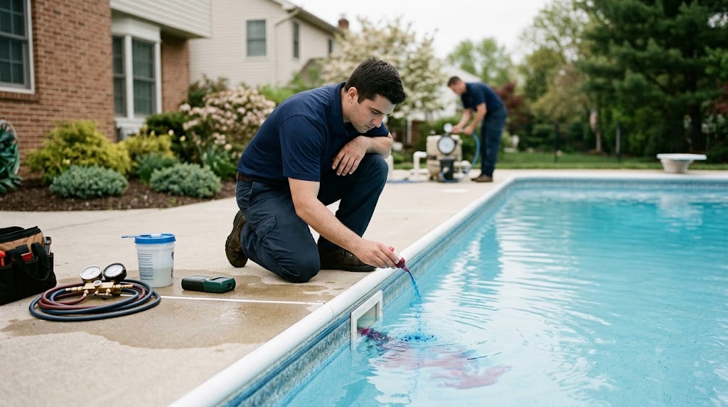 Technician performing dye testing for a swimming pool leak repair Mount Laurel