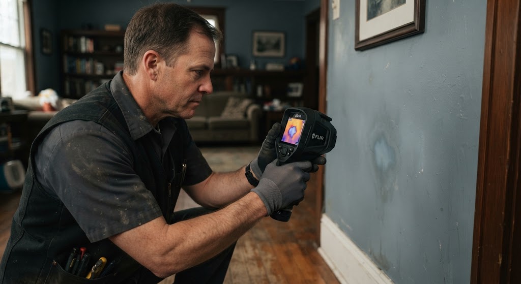 Thermal imaging camera finding a hot water slab leak detection Mount Laurel NJ